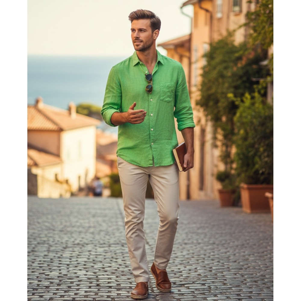 Uniqlo 100% Linen Button Down Shirt Men's XL Green Minimalist Resortwear Coastal